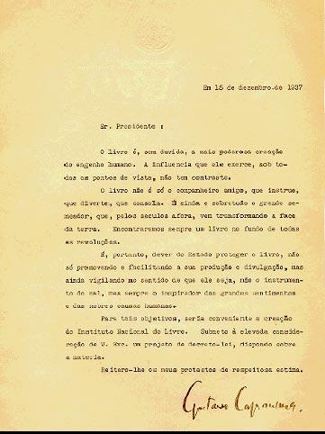 Decreto-lei acompanhado de exposição de motivos que criou o Instituto Nacional do Livro, em 1937, no Rio de Janeiro (RJ).