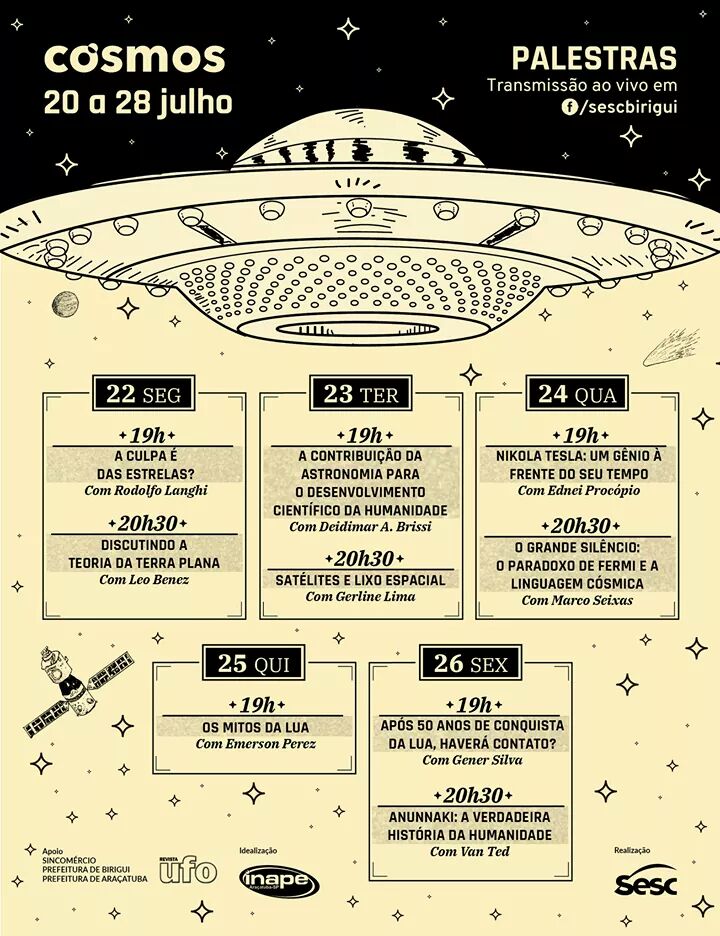 Ednei Procópio esteve no Sesc Birigui no dia 24 de julho, quarta, às 19h, falando sobre o tema: "Nikola Testa: um gênio à frente do seu tempo". A palestra fez parte da programação do "Cosmos", evento que promove reflexões sore a condição humana na terra e no universo. Para participar é de graça.