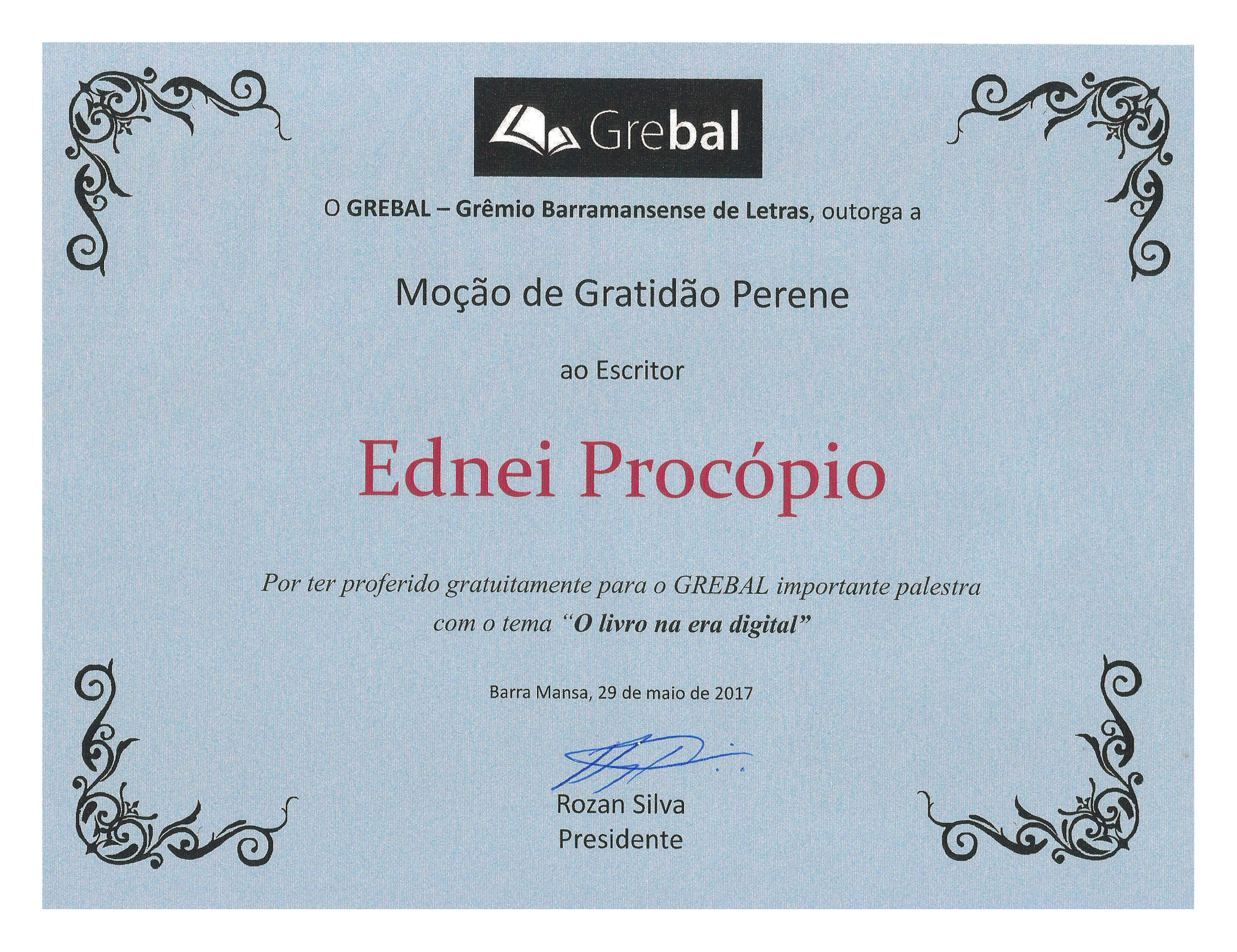 Moção de Gratidão Perene Grêmio Barramansense de Letras — GREBAL (RJ)