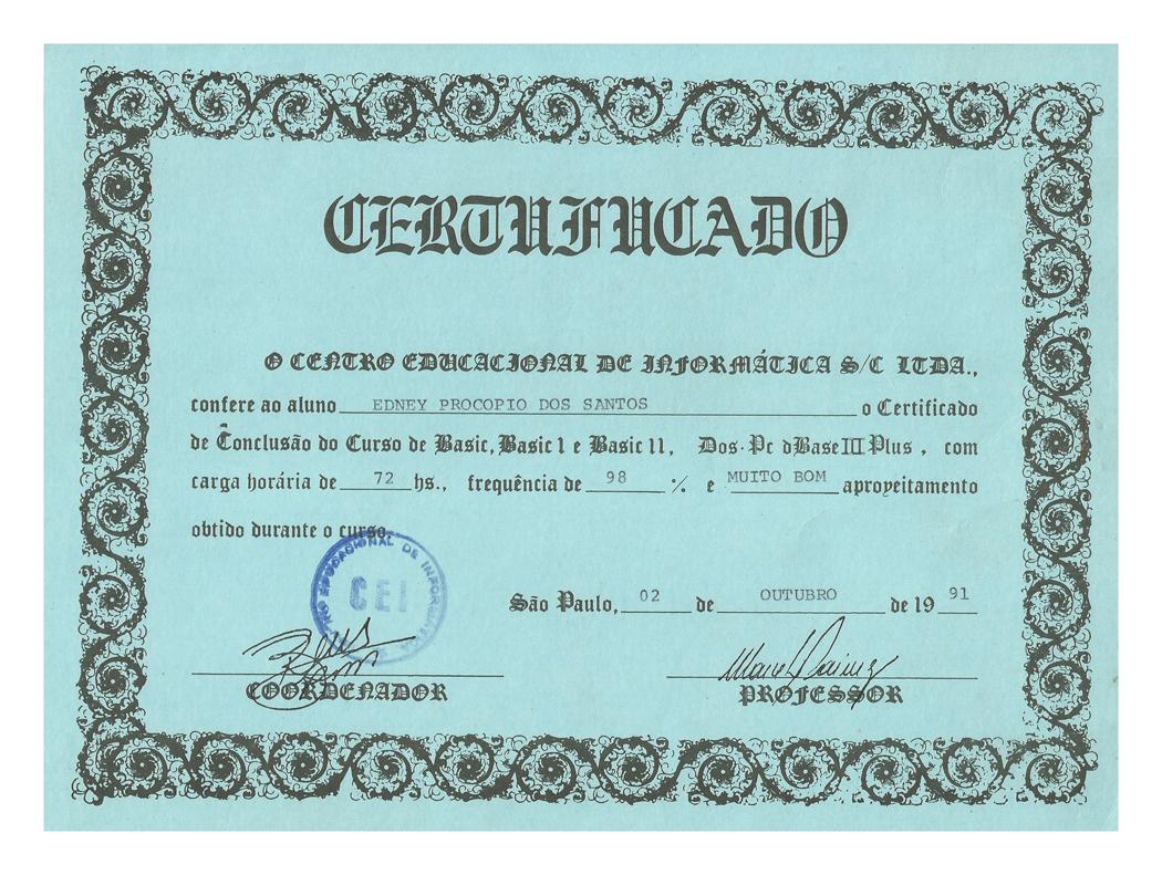 Certificado de conclusão de curso de "Linguagem de Programação Nível Máquina" conferido à Ednei Procópio em 1991.