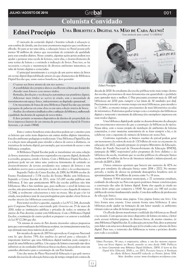 Artigo "Uma Biblioteca Digital na Mão de Cada Aluno" escrito por Ednei Procópio e publicado no jornal "O Grebal", do Grêmio Barramansense de Letras (Barra Mansa/RJ).