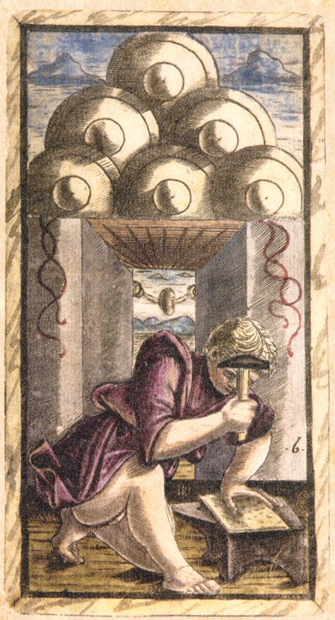 A lâmina Seis de Ouros do Tarô de Sola Busca (Museu de Brera)