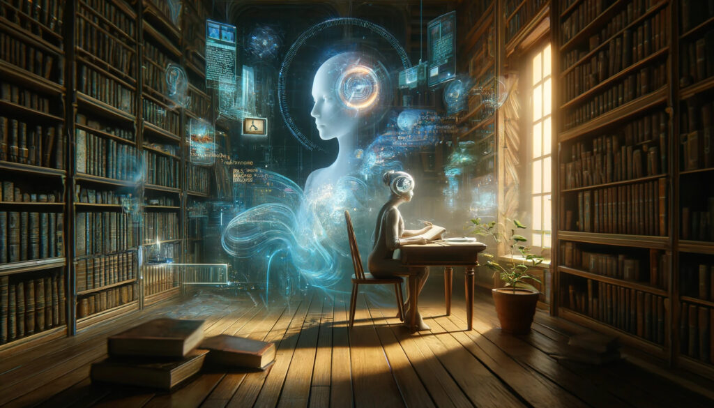 An artistic visualization of AI as a muse in a creative writing setting, depicting a futuristic room with a writer deep in thought, surrounded by floa