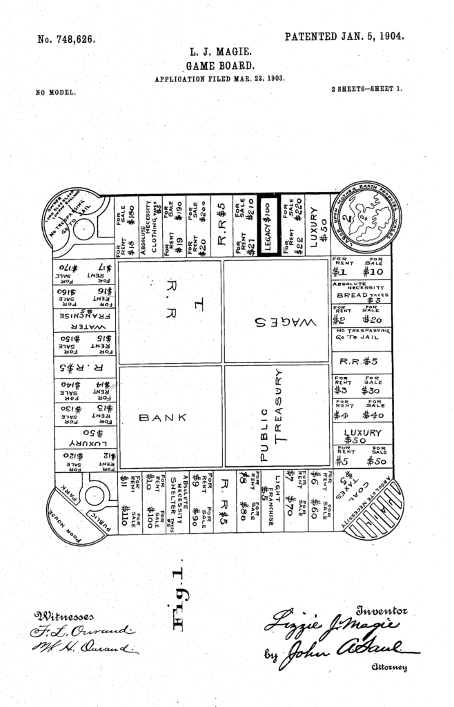 The first patent drawing for Lizzie Magie's board game, dated January 5, 1904