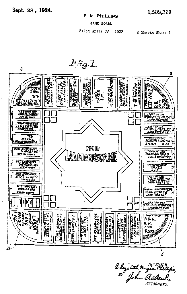 First page of patent submission for second version of Lizzie Magie's board game, submitted in 1923 and granted in 1924