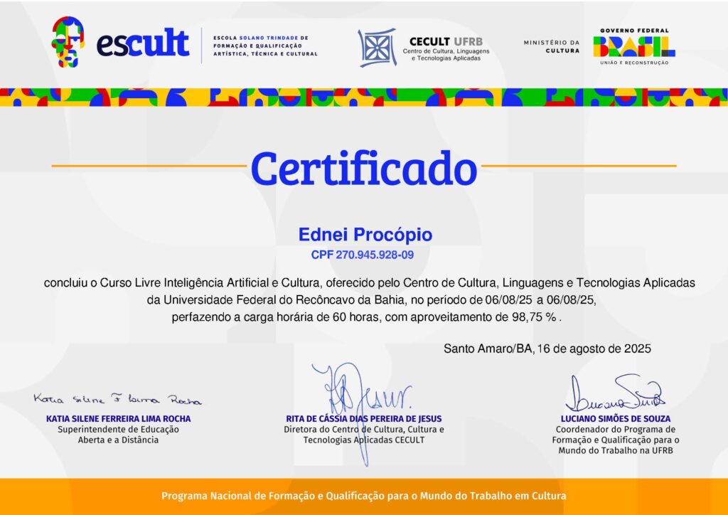 Certificado do Curso de Inteligência Artificial e Cultura