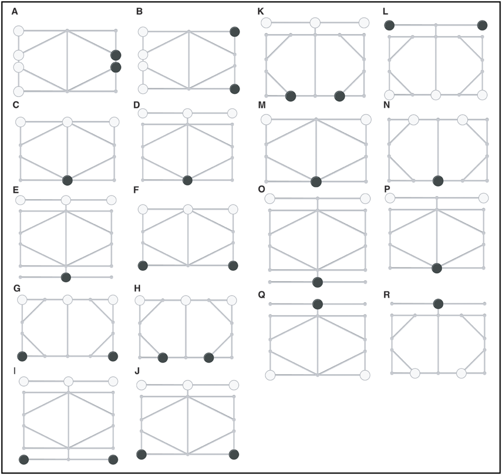 Posições iniciais para os conjuntos de regras de haretavl considerados para simulações guiadas por IA. Nem todas as permutações de posição inicial e tabuleiro são mostradas, apenas aquelas em que uma diferença na geometria do tabuleiro altera o posicionamento das peças. A e B) aplicadas a todos os seis tabuleiros; C) aplicada aos tabuleiros 5 e 6; D) aplicada aos tabuleiros 3 e 4; E) aplicada aos tabuleiros 1 e 2; F) aplicada ao tabuleiro 5; G e H) aplicadas ao tabuleiro 6; I) aplicada aos tabuleiros 1 e 2; J) aplicada aos tabuleiros 3 e 4; K) aplicada ao tabuleiro 3; L) aplicada aos tabuleiros 3 e 4; M) aplicada aos tabuleiros 5 e 6; N) aplicada ao tabuleiro 5; O) aplicada aos tabuleiros 1 e 2; P) aplicada aos tabuleiros 3 e 4; Q) aplicada aos tabuleiros 3 e 4; R) aplicada ao tabuleiro 3 (figura dos autores).