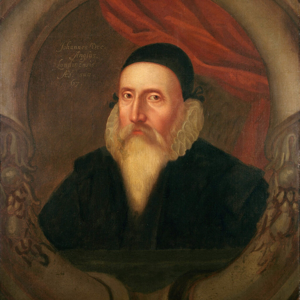 Segundo Charlotte Fell Smith , este retrato foi pintado quando Dee tinha 67 anos. Pertenceu ao seu neto Rowland Dee e, posteriormente, a Elias Ashmole , que o legou à Universidade de Oxford .