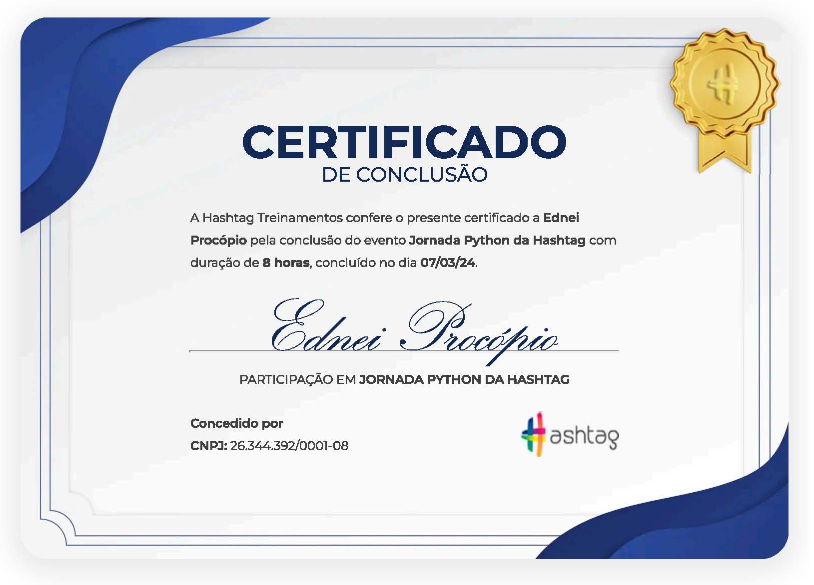 Certificado Curso | Jornada Python - Ednei Procópio