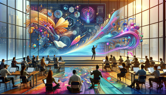 A vibrant digital illustration depicting the dynamic interaction between human creativity and algorithmic efficiency in literature