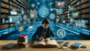 Essa imagem foi criada com DALL-e à partir do seguinte prompt: "The Convergence of Textbooks and Digital Libraries"